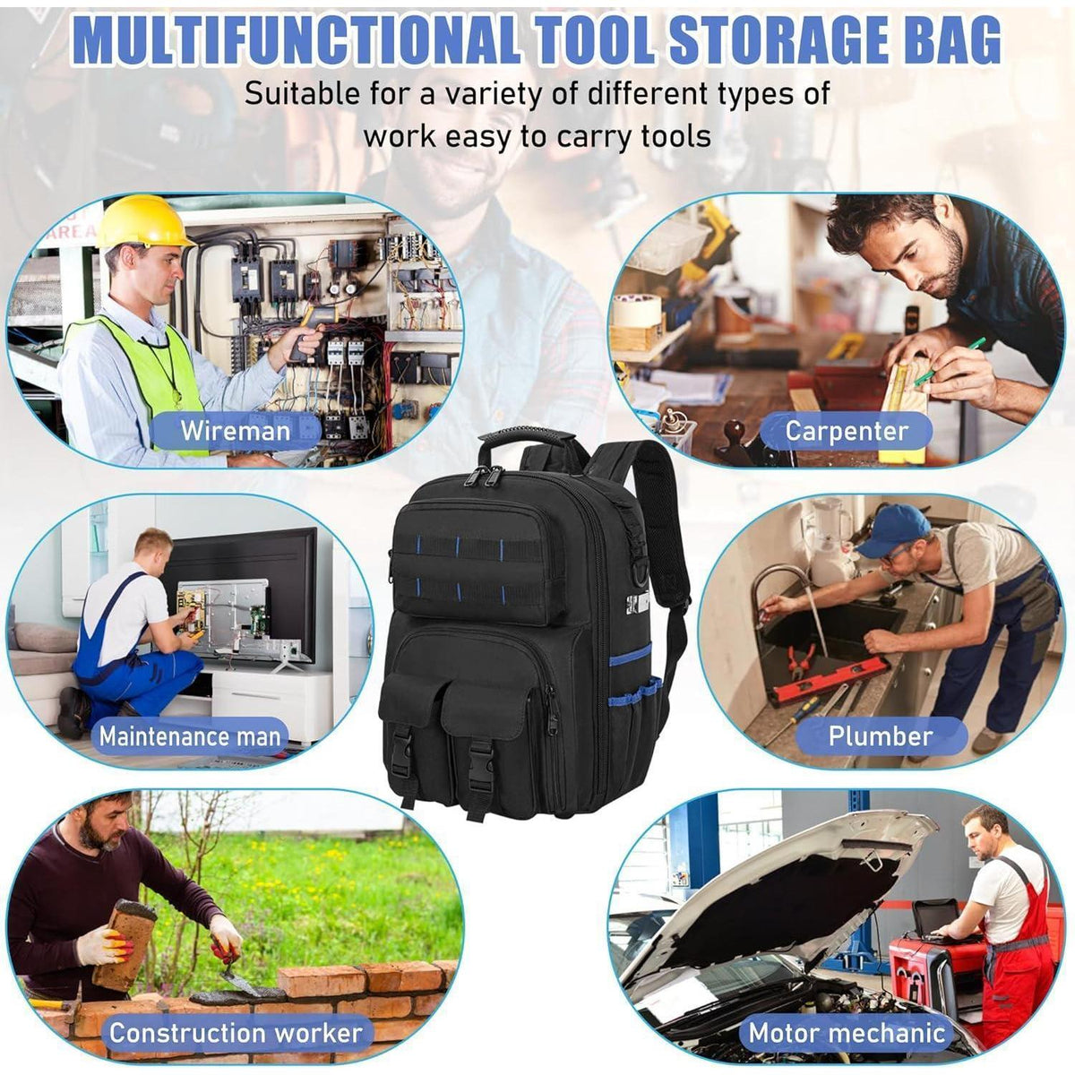 Werkzeugrucksack mit Organizer, wasserdicht, gepolstert, Schwarz/Blau