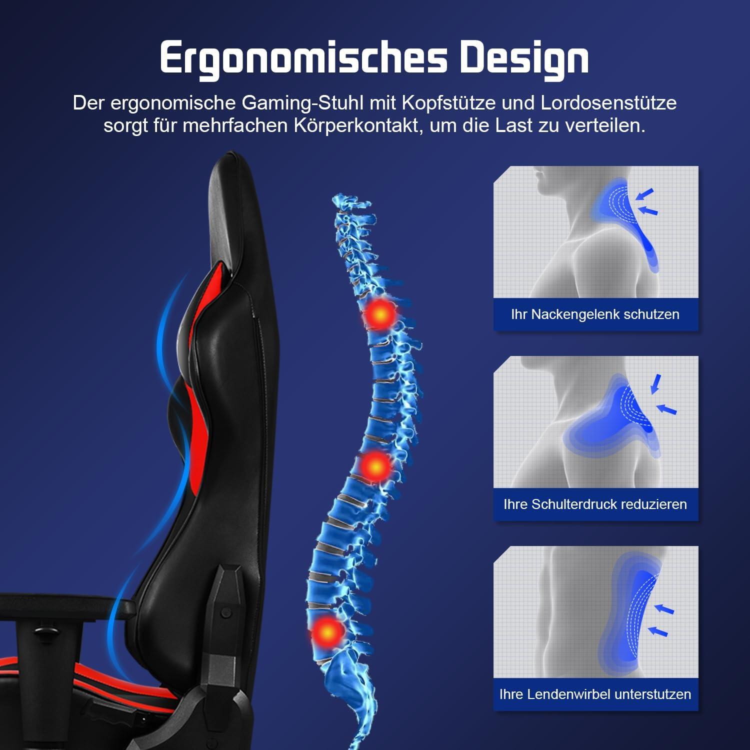 Gaming Stuhl Ergonomisch Verstellbar mit Lendenkissen - Rot