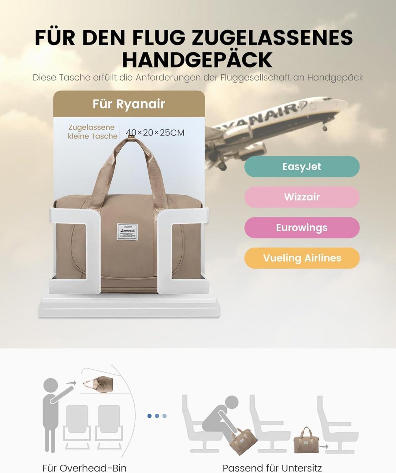 LOVEVOOK Ryanair Handgepäck 40x20x25 erweiterbare Faltbare Reisetasche