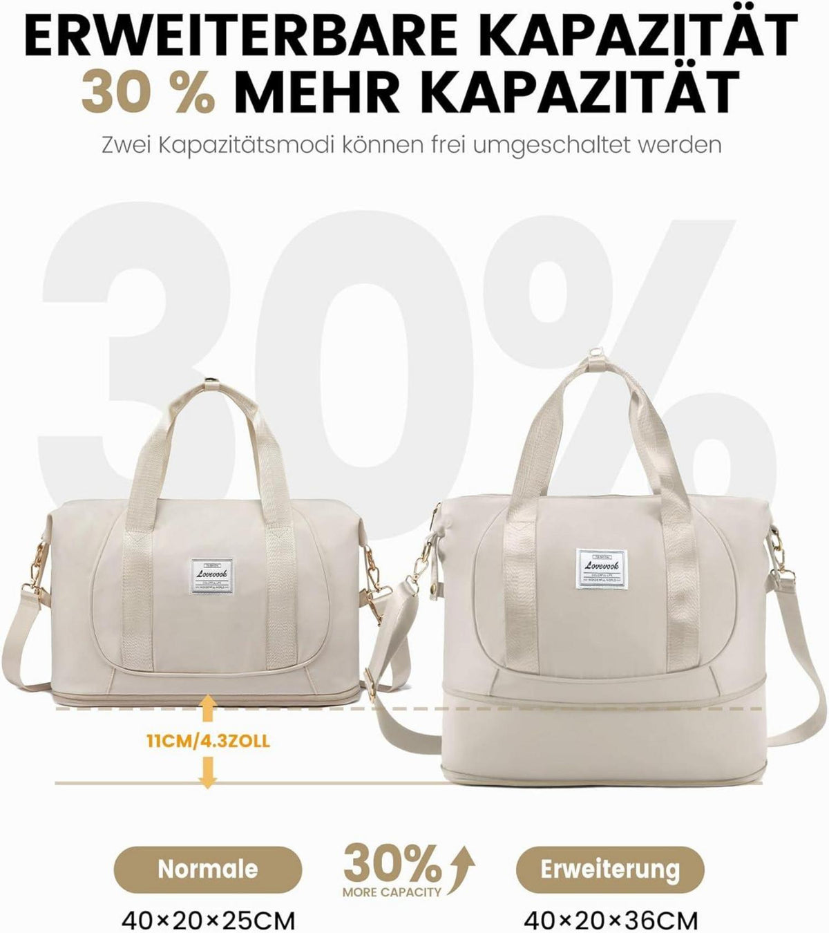 Handgepäck Tasche Erweiterbar Faltbar Cabin Bag 40x20x25 Beige
