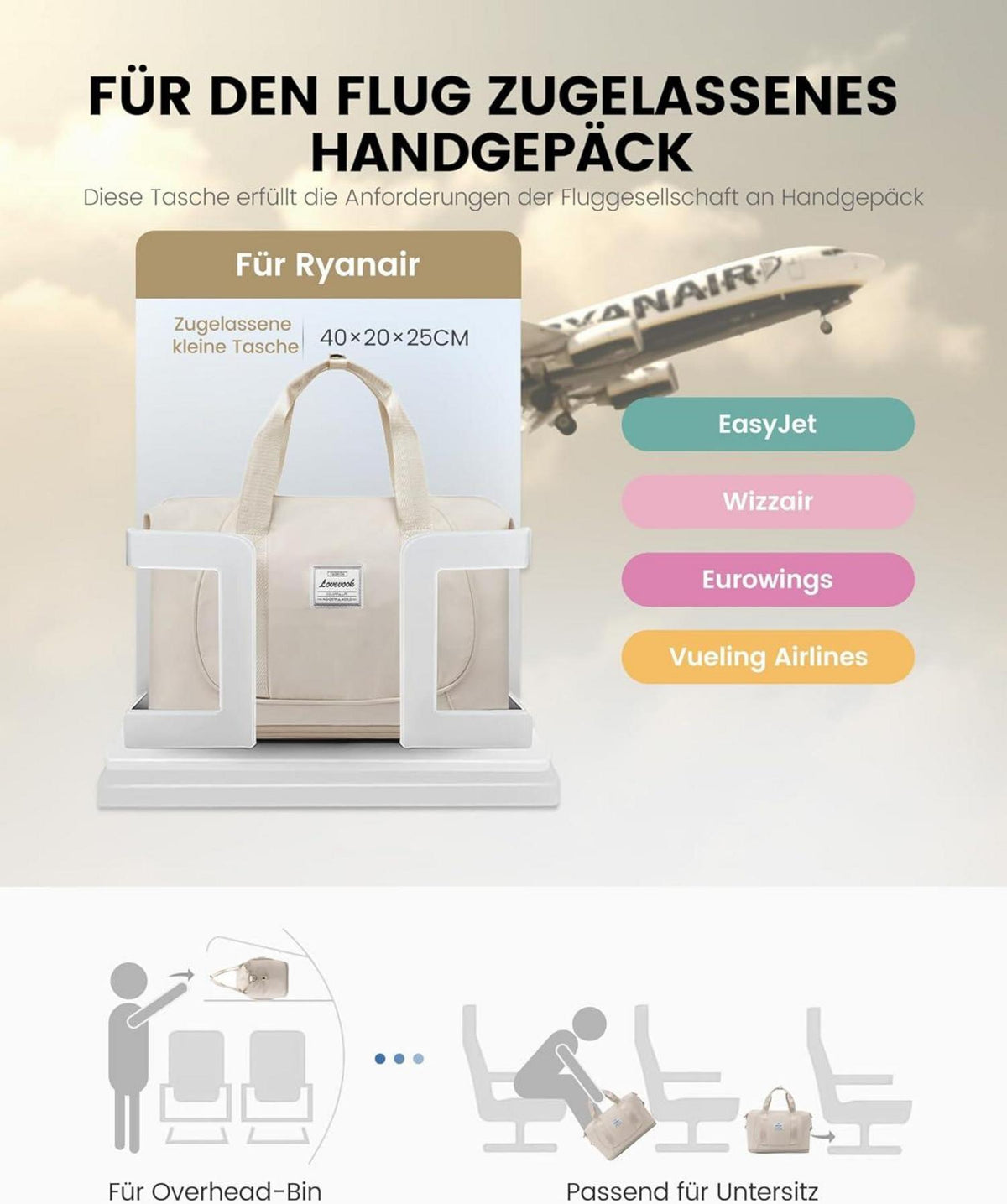 Handgepäck Tasche 40x20x25cm Ryanair EasyJet Beige Carry On Luggage