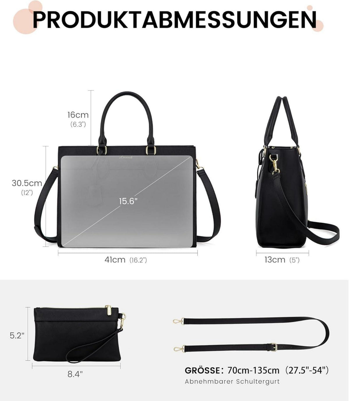 LOVEVOOK Laptoptasche Damen 15,6 Zoll Schwarz PU Leder Schultertasche