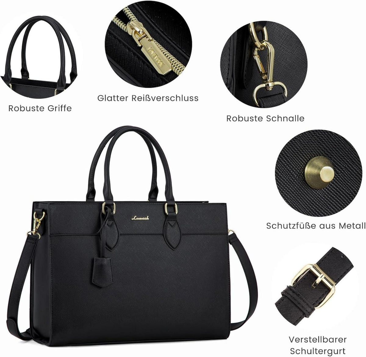 Laptoptasche Damen 15,6 Zoll PU Leder Schwarz Wasserdicht