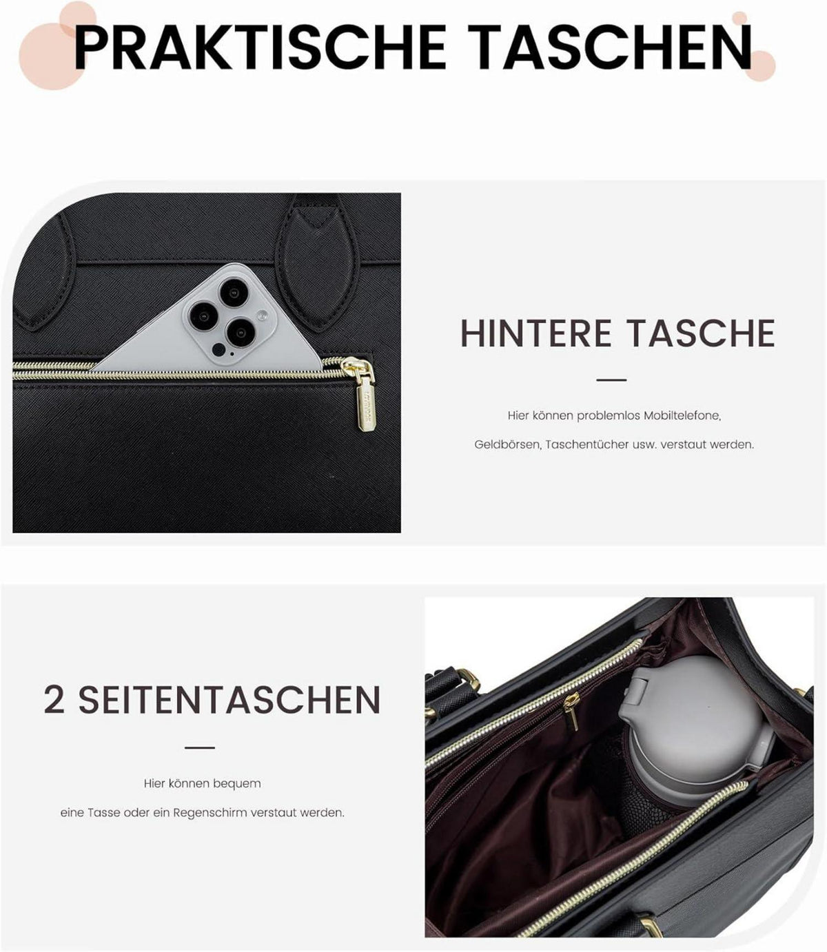 15,6 Zoll Laptoptasche Damen PU Leder Schwarz wasserdicht