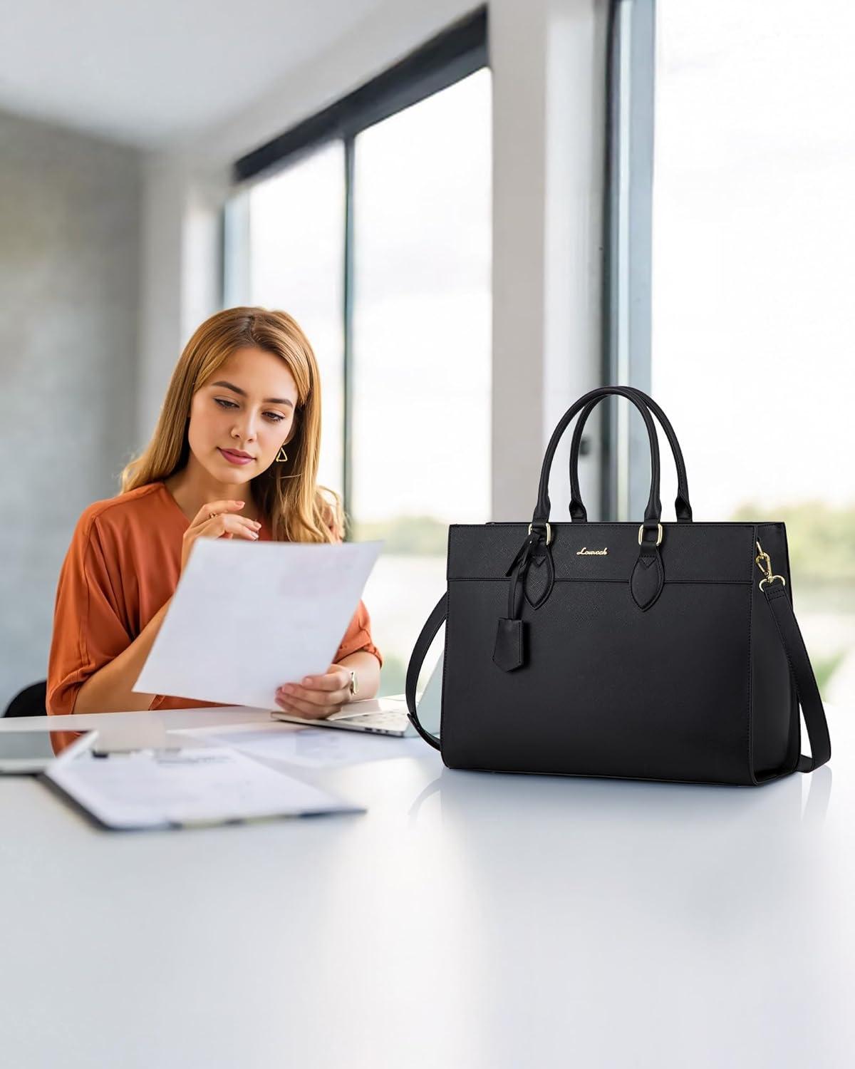 LOVEVOOK Laptoptasche Damen 15,6 Zoll Schwarz PU Leder Schultertasche