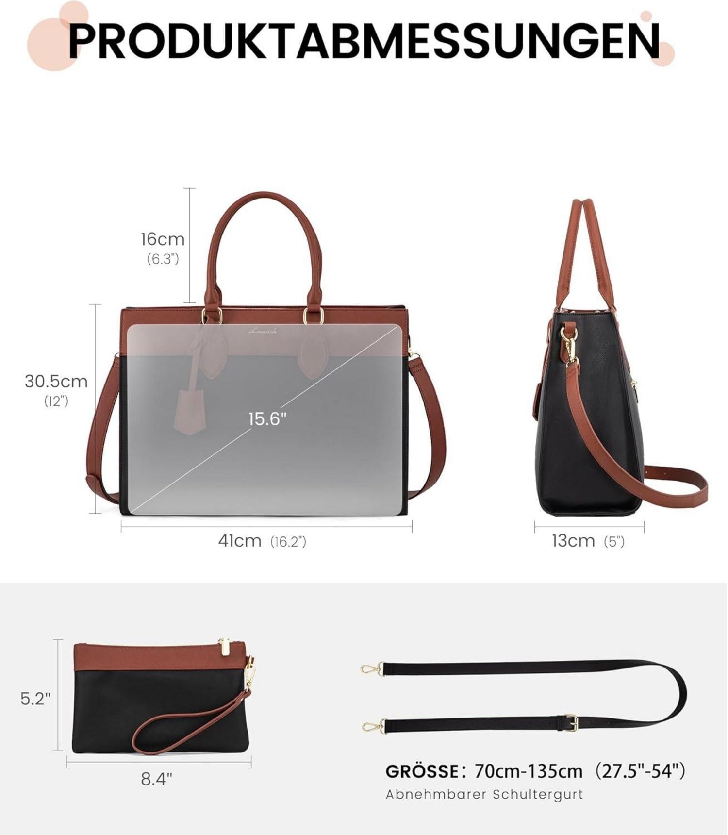 LOVEVOOK Laptop Handtasche Damen 15,6 Zoll PU Leder Schwarz Braun
