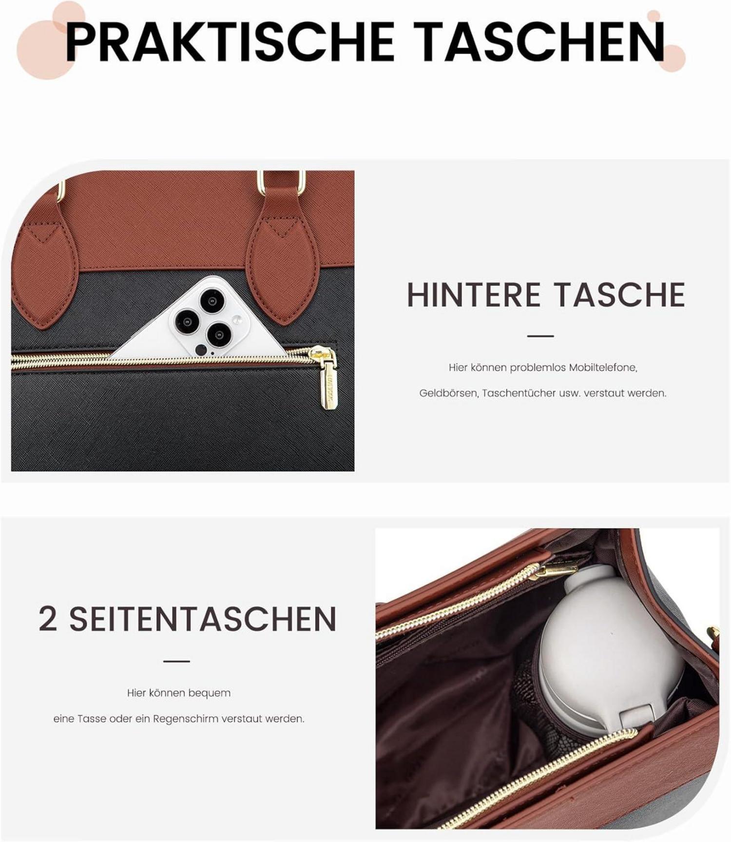 Laptop Handtasche Damen 15,6 Zoll Schultertasche PU Leder Schwarz