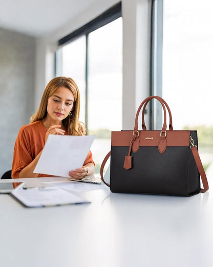 LOVEVOOK Laptop Handtasche Damen 15,6 Zoll PU Leder Schwarz Braun