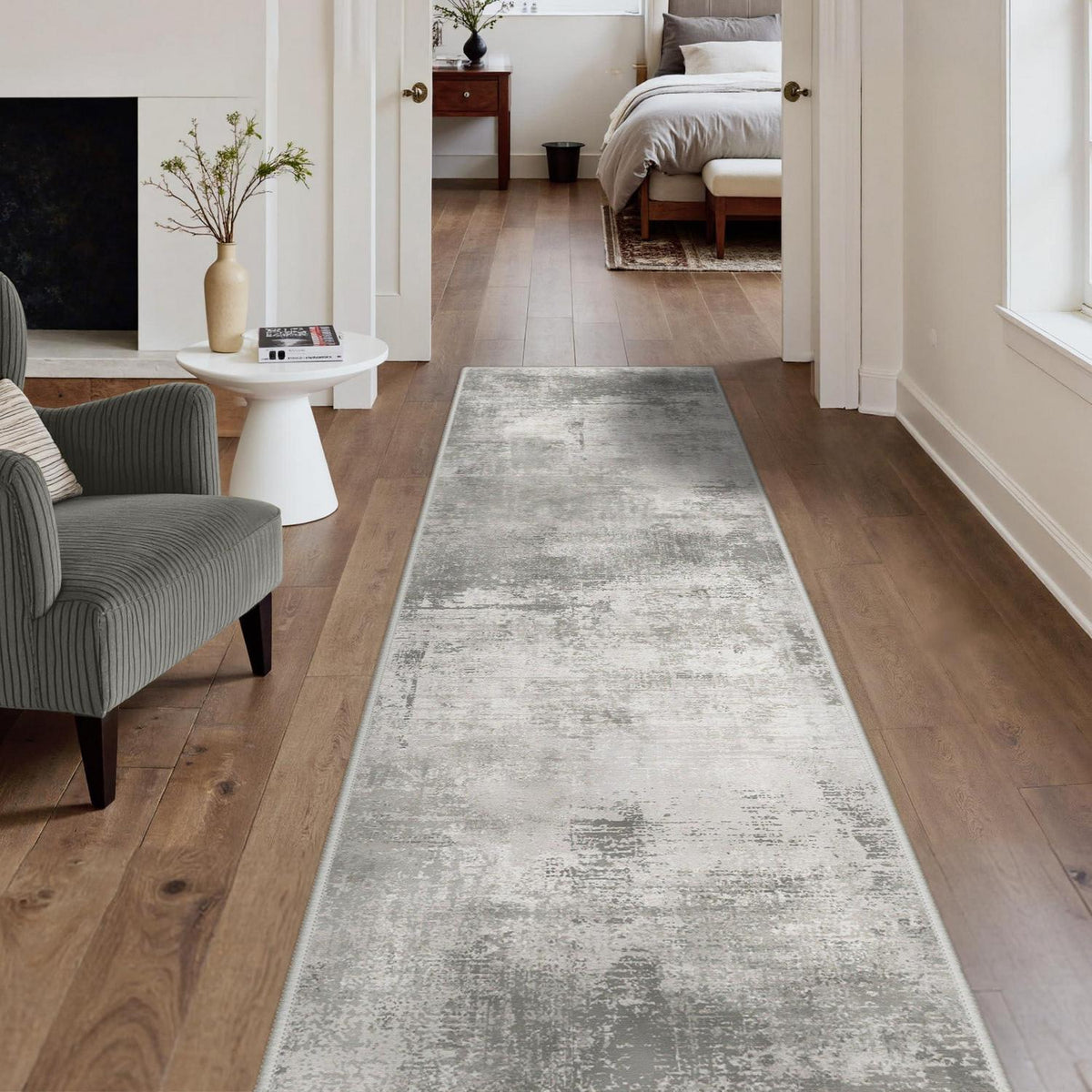 Moderner Läufer Teppich Grau-Braun 80x300 cm – Waschbar & Rutschfest