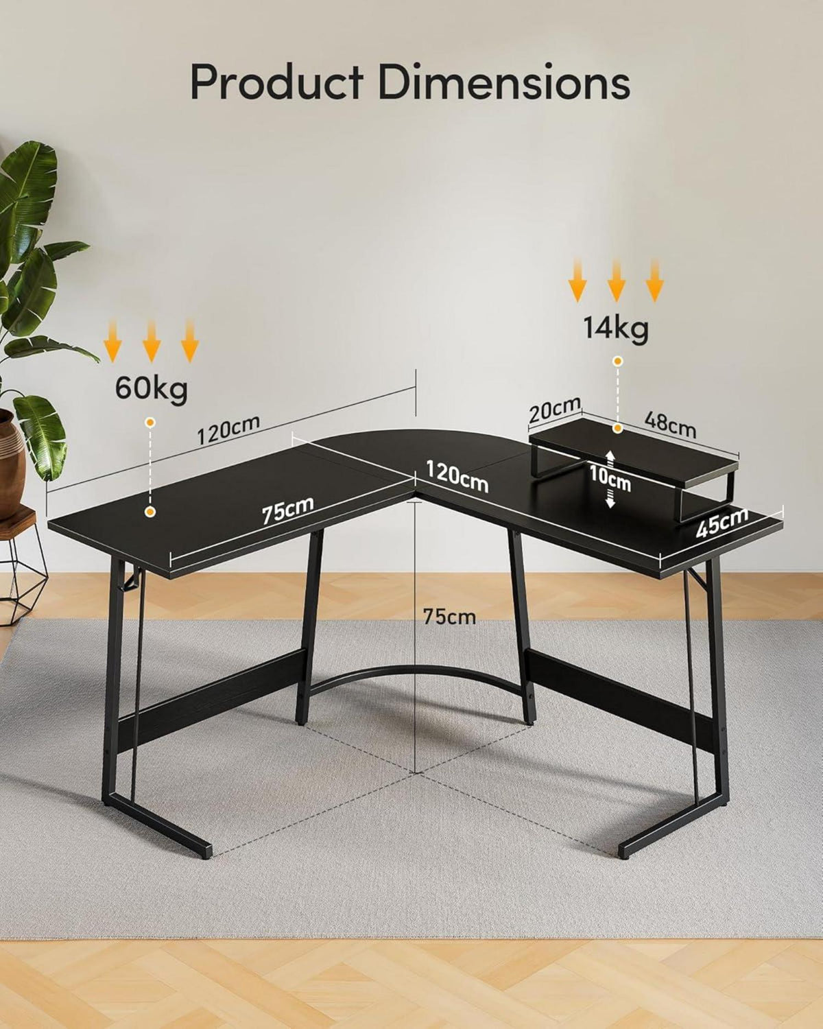 Gaming Tisch Eckschreibtisch L Form 120 cm Monitorständer Schwarz