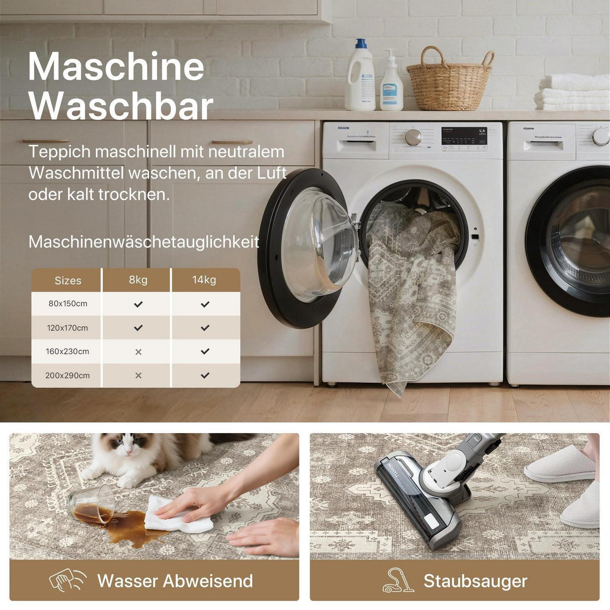 Großer Teppich Wohnzimmer 200x290 cm – Mandel Beige Braun