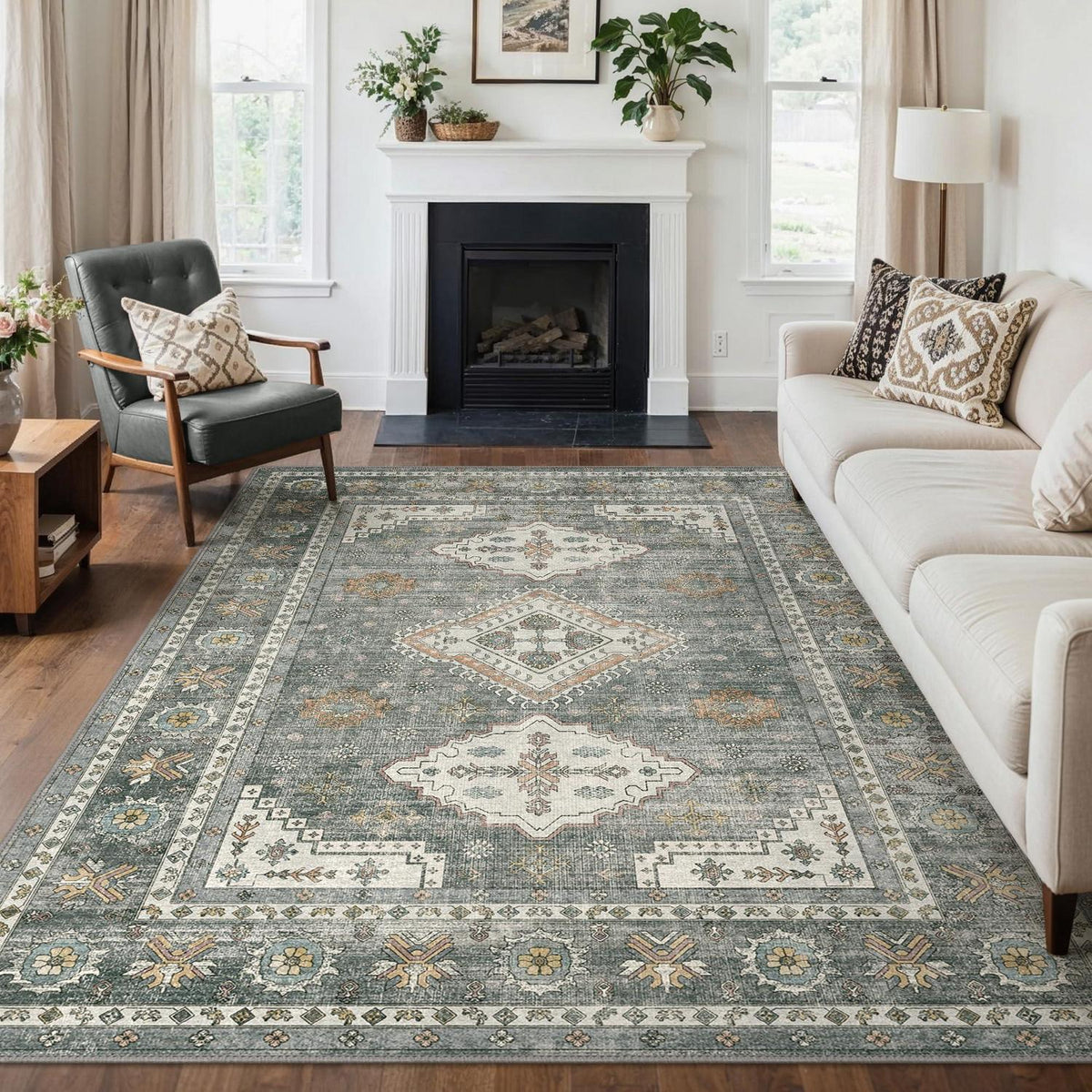 Vintage Teppich Wohnzimmer 160x230 cm Stahlblau Grau
