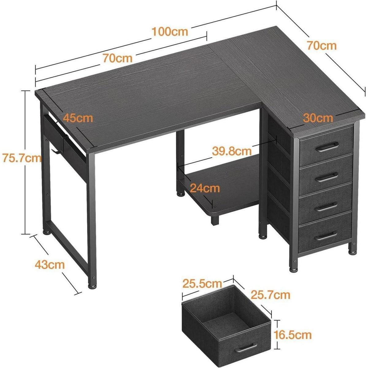 Eckschreibtisch L-Form mit 4 Schubladen, 100x70cm, Schwarz