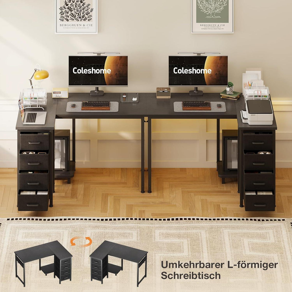 Eckschreibtisch L-Form mit 4 Schubladen, 100x70cm, Schwarz