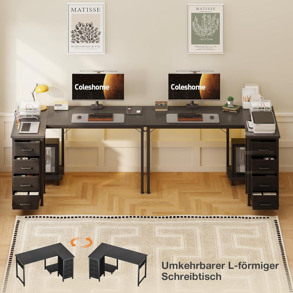 Eckschreibtisch L-Form mit 4 Schubladen, 120x70cm, Schwarz