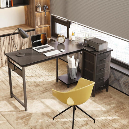 Eckschreibtisch L-Form mit 4 Schubladen, 120x70cm, Schwarz