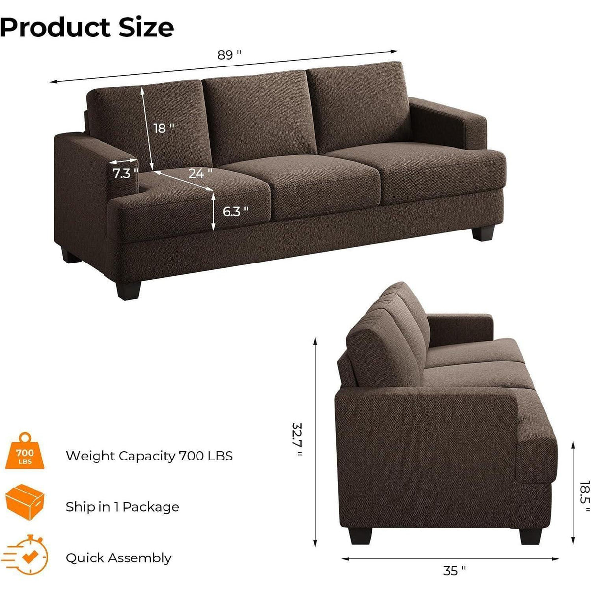Bequemes 3-Sitzer Sofa mit tiefer Sitzfläche & Leinenbezug