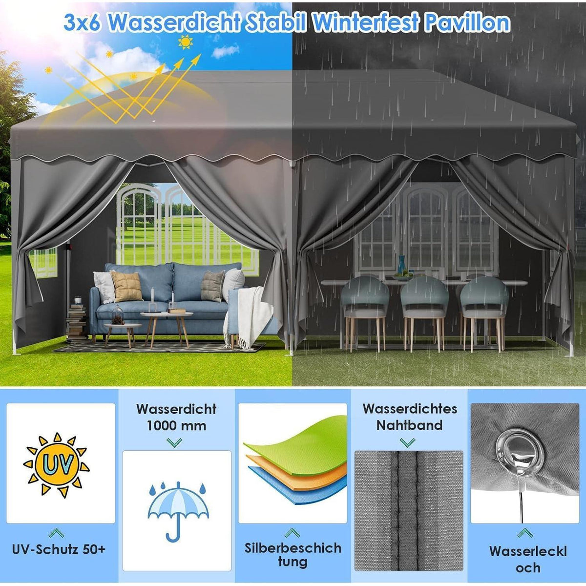 3x6 Faltpavillon Wasserdicht & Stabil – Partyzelt für Garten & Events