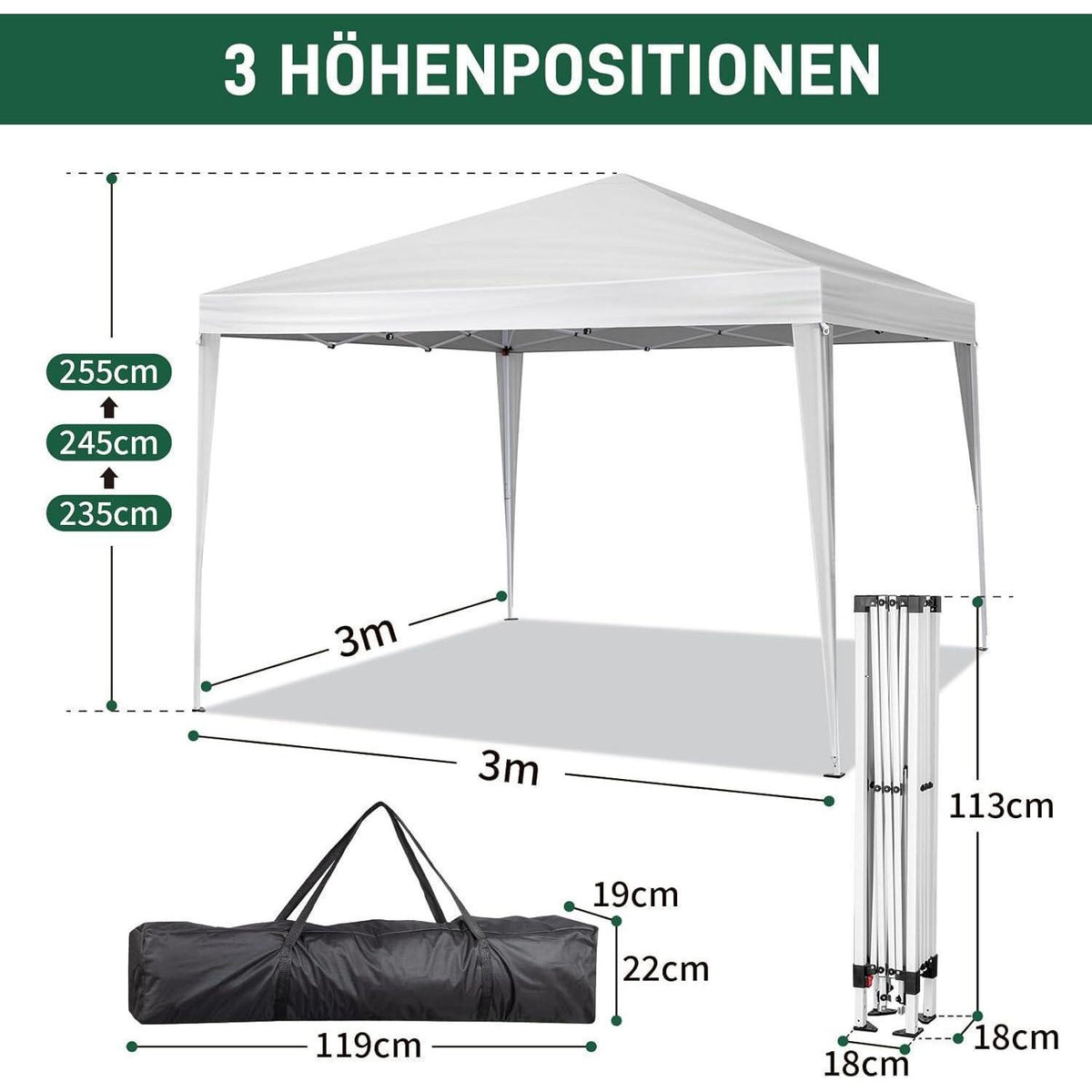 3x3m Pop-up Pavillon mit 4 Seiten – UV-Schutz & Wasserdicht