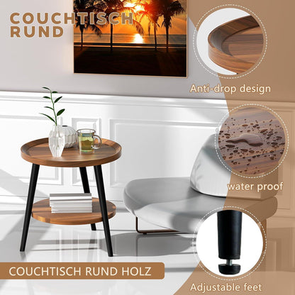 Beistelltisch Holz Rund 2 Ablage Sofatisch Ø50 cm H48 Wohnzimmer Couchtisch