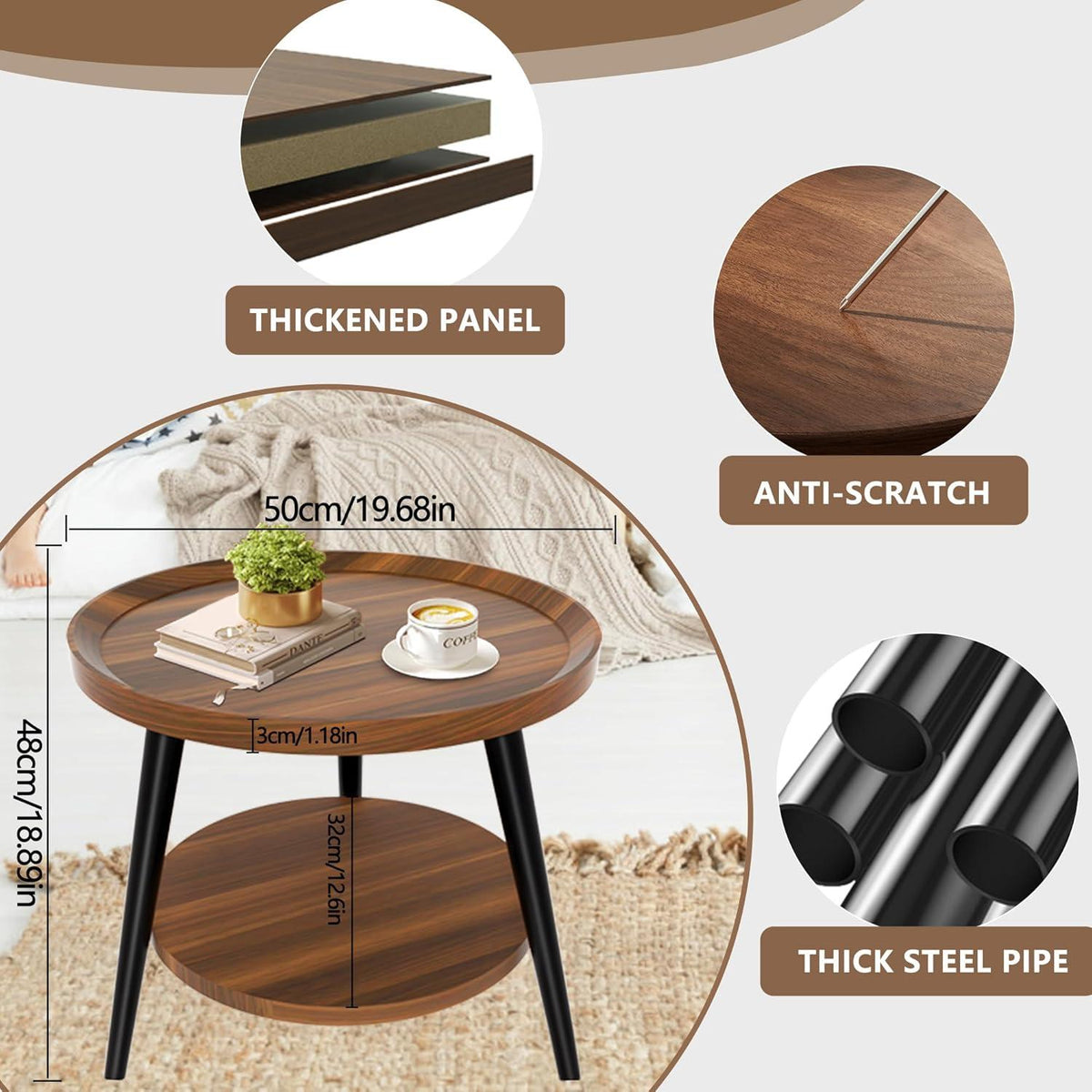 Runder Beistelltisch Holz Sofatisch mit Ablage H48x Ø50 cm - Nussbaum