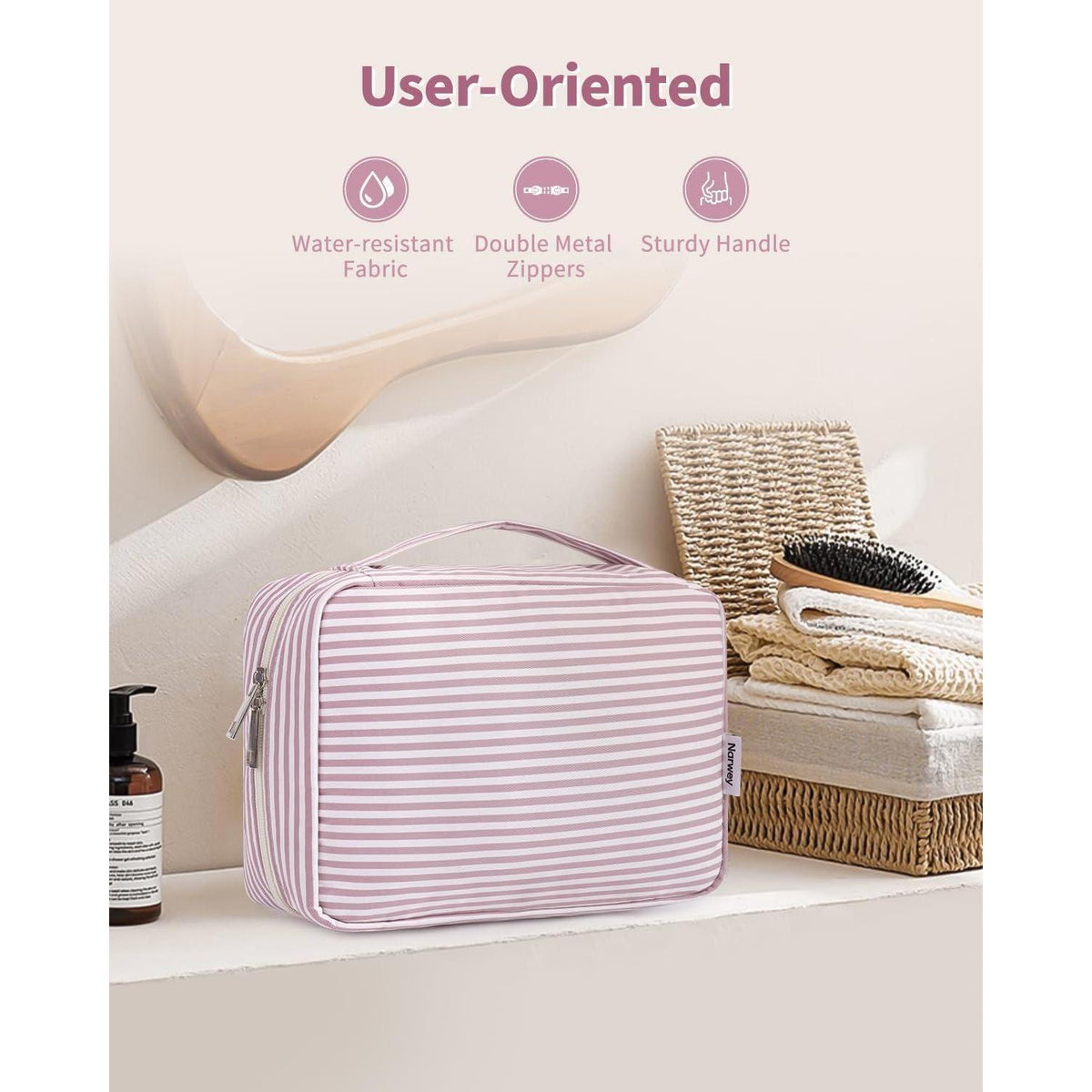 Kulturtasche zum Aufhängen, groß, altrosa Streifen