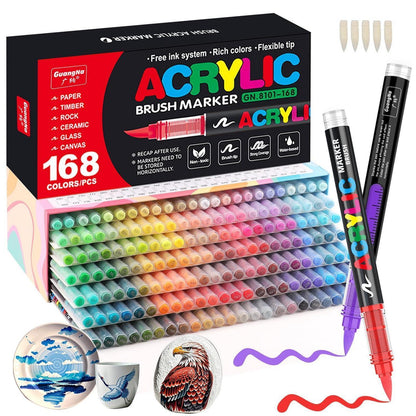 Acrylstifte Set 168 Farben | Pinselspitze für Steine, Glas & mehr