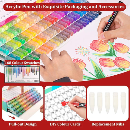 Acrylstifte Set 168 Farben | Pinselspitze für Steine, Glas & mehr