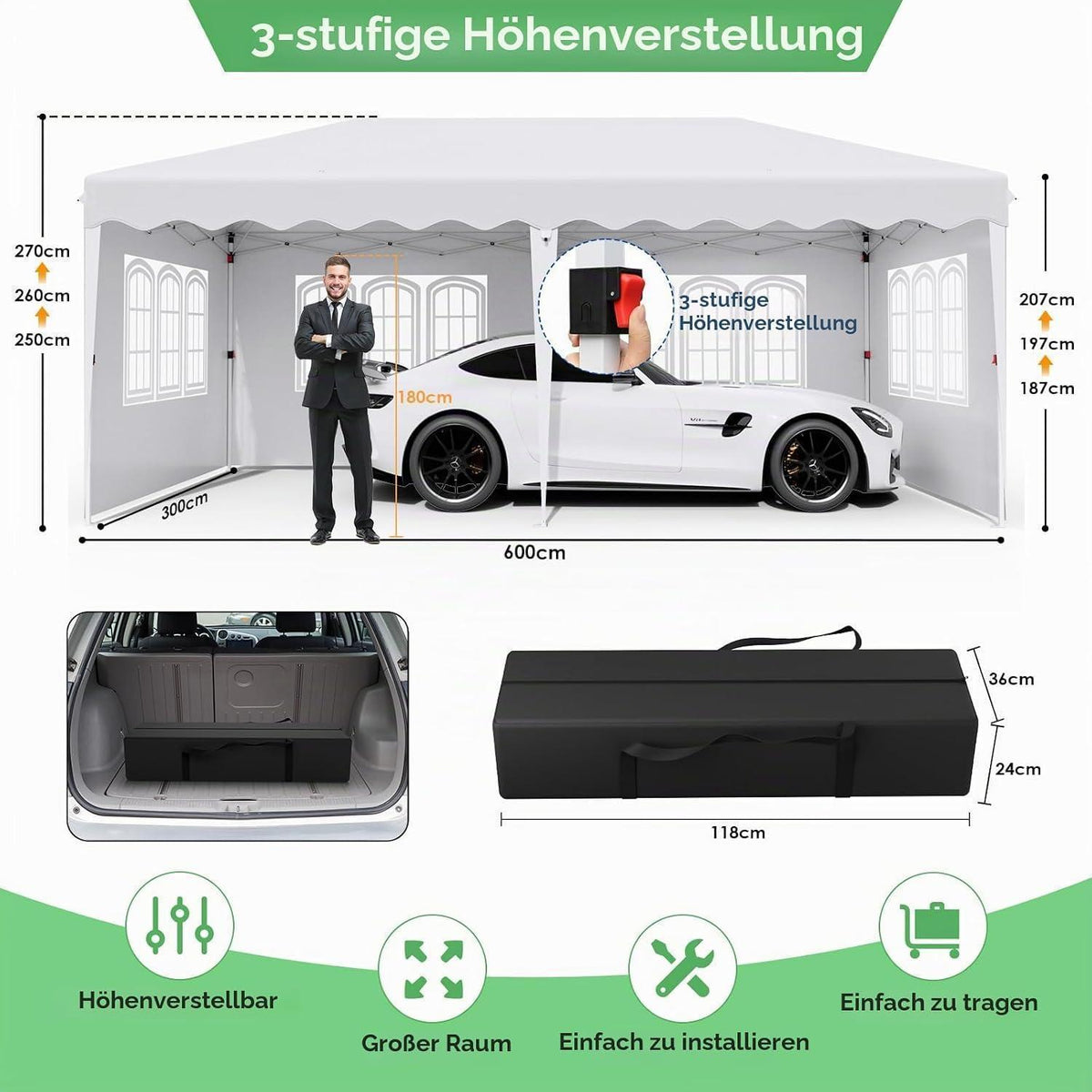3x6m Pavillon Wasserdicht, Stabil & Mit Seitenteilen Weiß