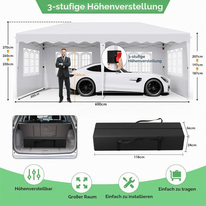 3x6m Pavillon Wasserdicht, Stabil & Mit Seitenteilen Weiß