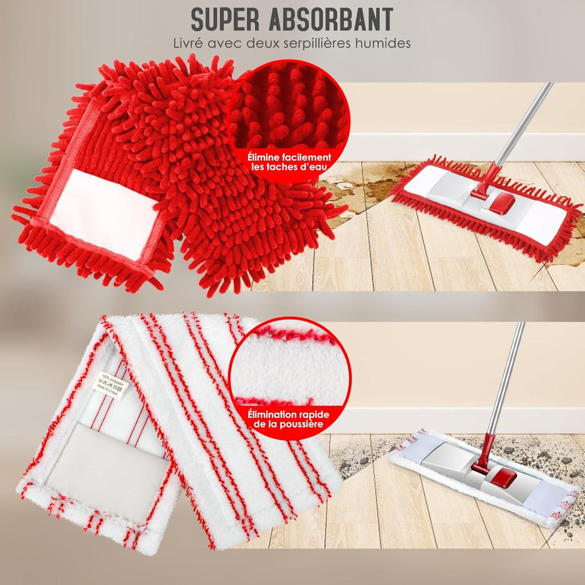 360° Drehgelenk Bodenwischer Set 125cm Edelstahlgriff 4 Mikrofaser Wischpads