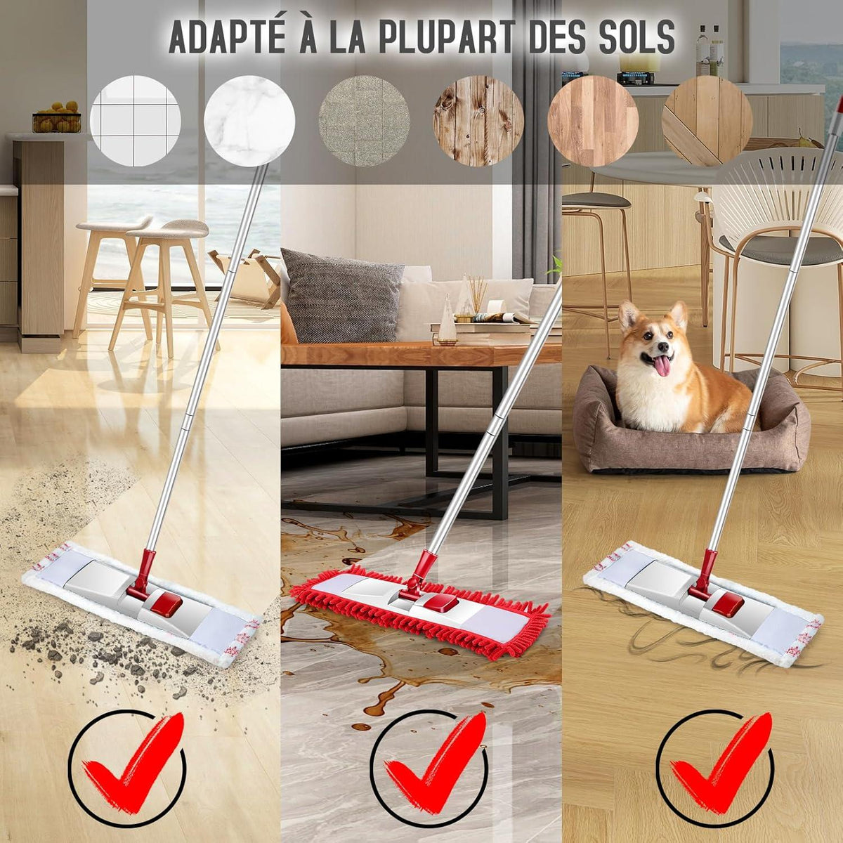 Myiosus Bodenwischer Set 125cm Edelstahlgriff 4 Mikrofaser Wischpads