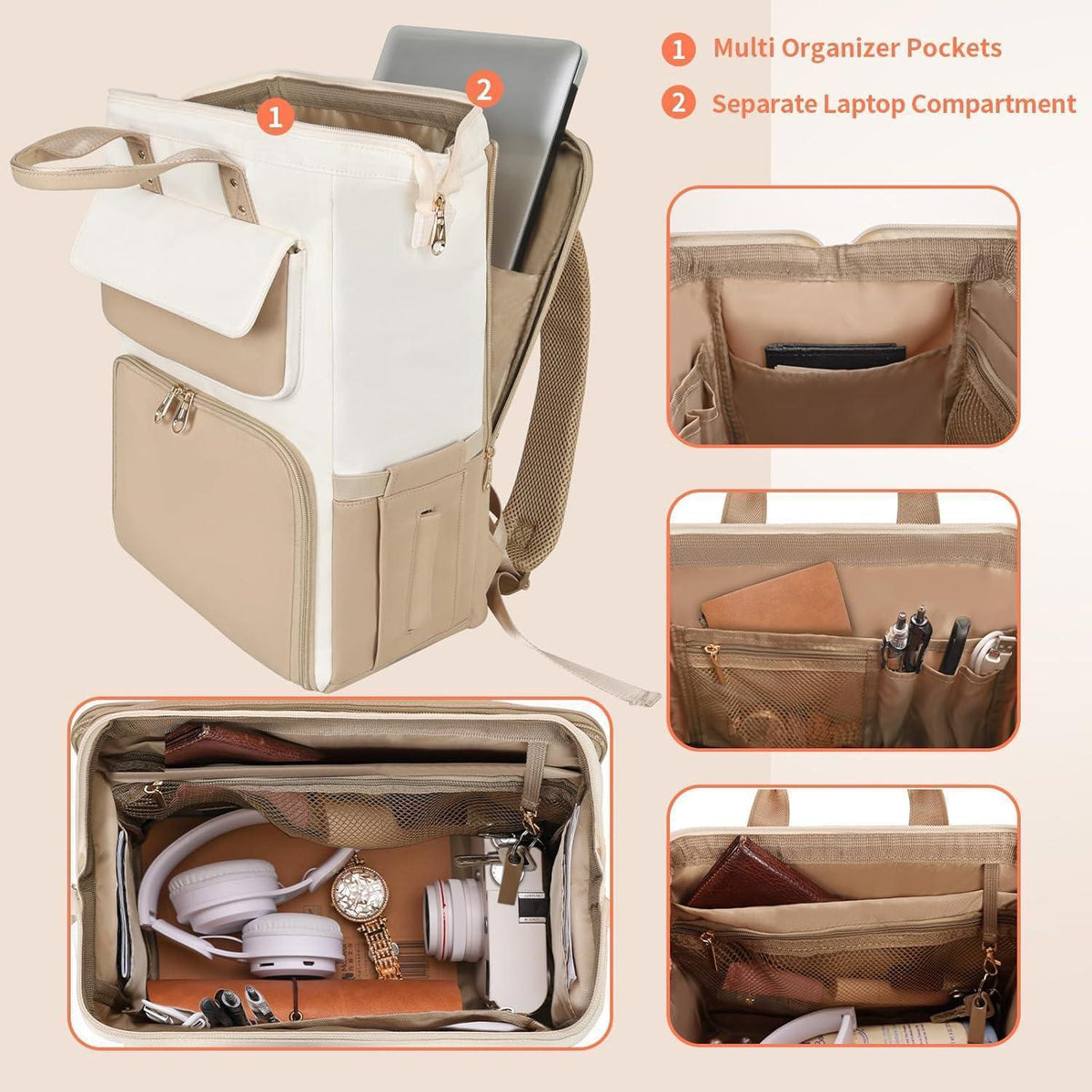Lunch-Rucksack für Damen – Khaki Beige – Multifunktional & 15,6" Laptopfach