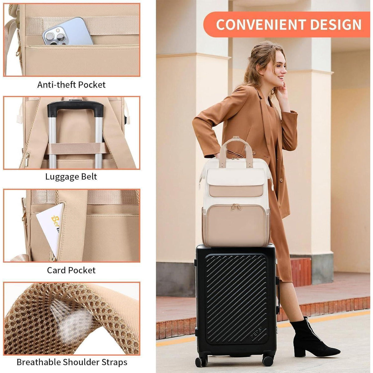 Lunch-Rucksack für Damen – Khaki Beige – Multifunktional & 15,6" Laptopfach