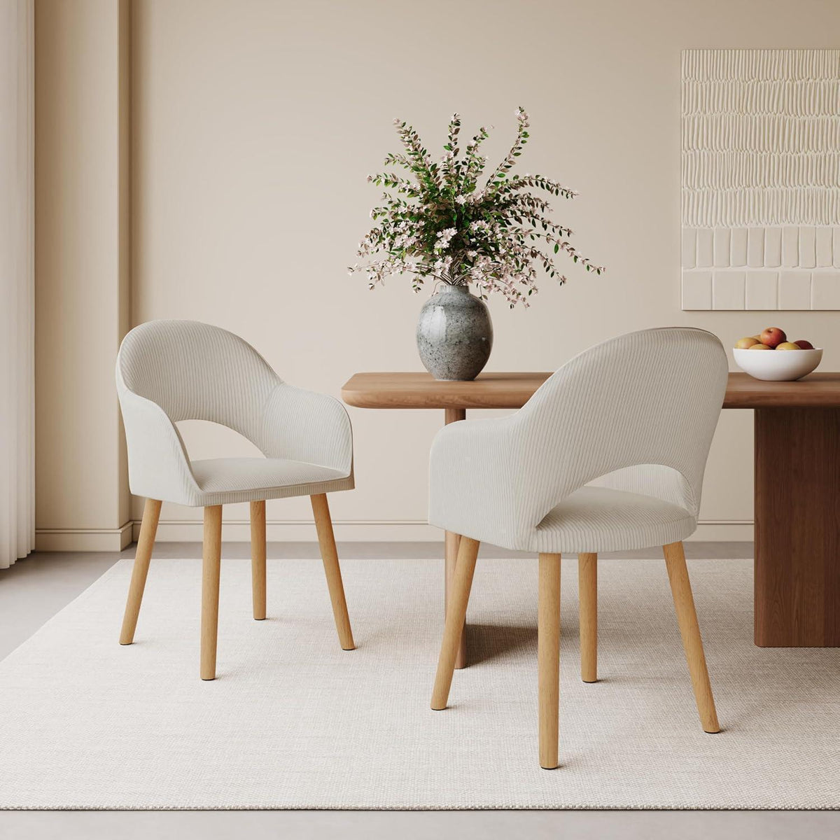 Esszimmerstühle Set 6 beige Cord mit Armlehne & Holzbeinen