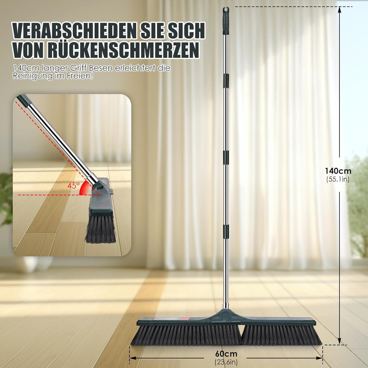Straßenbesen mit Stiel 60 cm, Gartenbesen 140cm Edelstahl Griff