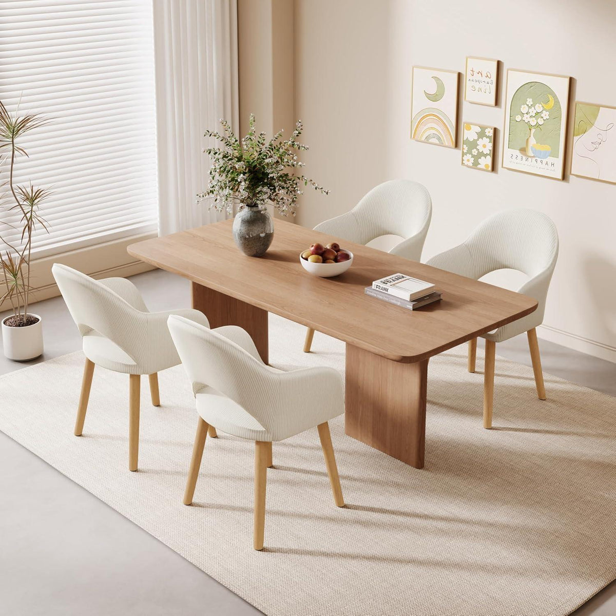 Esszimmerstuhl Cord Beige Holzbeine – 2er Set mit Armlehne