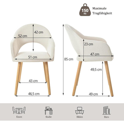 Esszimmerstuhl Cord Beige Holzbeine – 2er Set mit Armlehne
