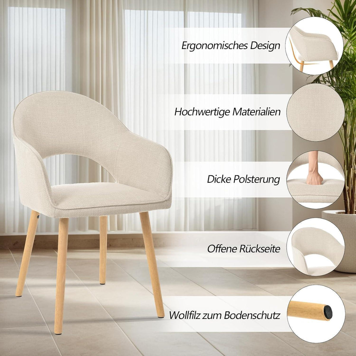 Esszimmerstühle 6er Set Beige mit Armlehne & Holzbeinen