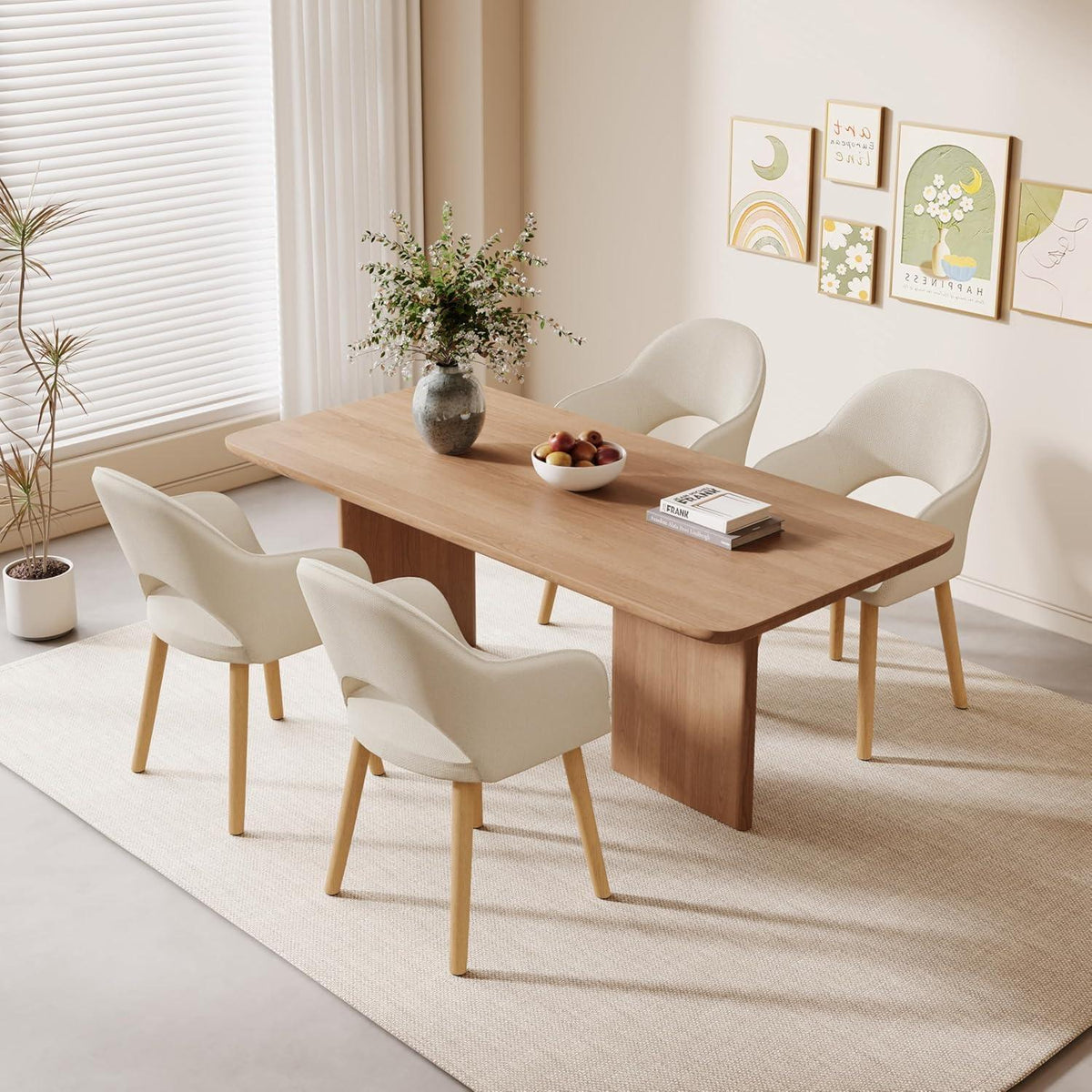 Esszimmerstühle Set Beige Holzbeine mit Armlehne – 4er Set