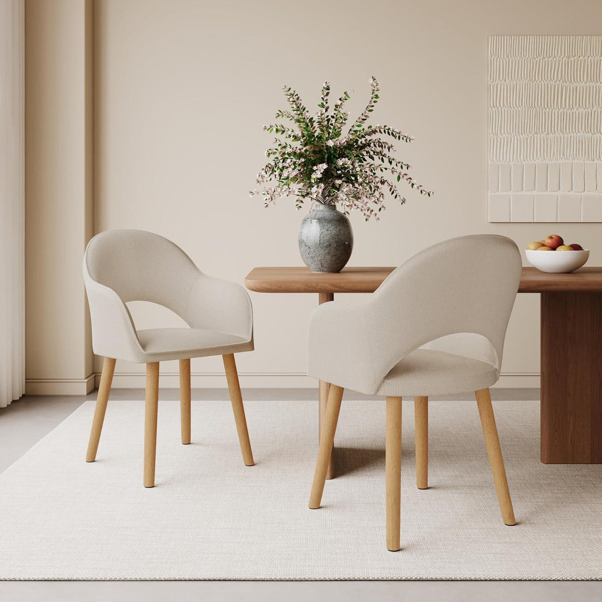 Esszimmerstühle 2er Set Beige mit Armlehne & Holzbeinen