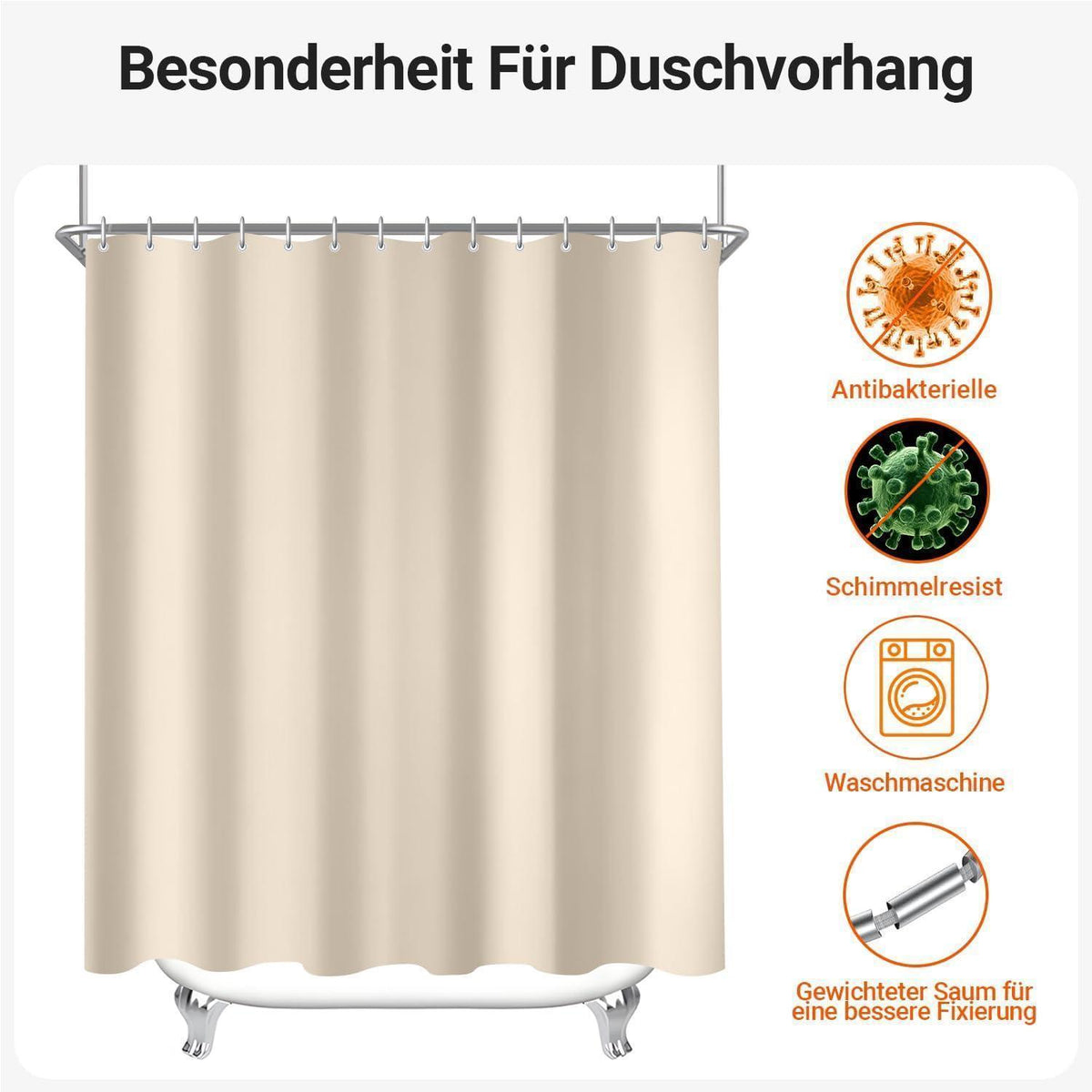Duschvorhang 200x240cm Beige, Wasserabweisend, Beschwerter Saum