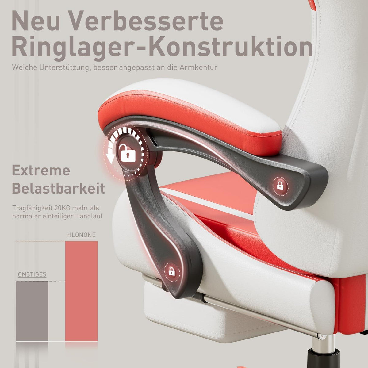 HLONONE Gaming Stuhl Ergonomisch Racing Komfort Weiß-Rot 150 kg