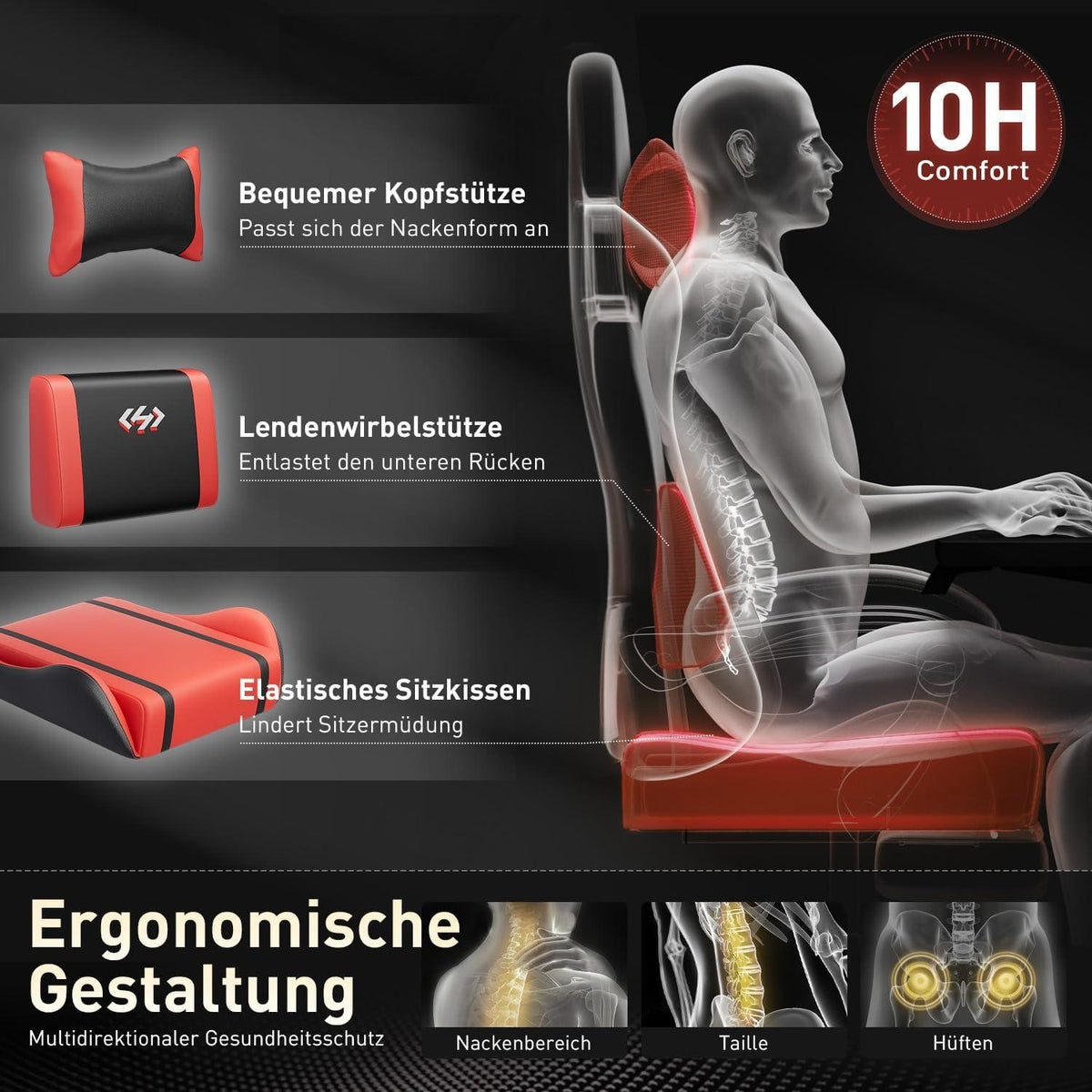 Hochwertiger Gaming Stuhl mit Kopfstütze und Lendenkissen, 150 kg, Schwarz-Rot