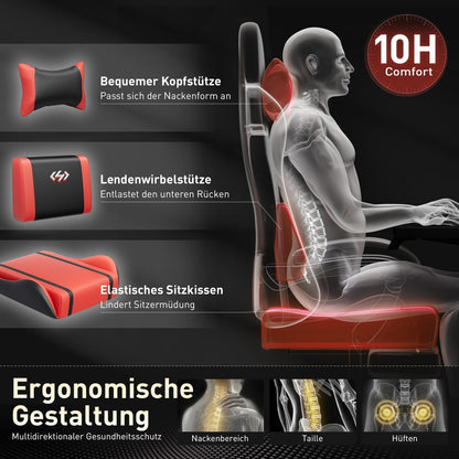 Hochwertiger Gaming Stuhl mit Kopfstütze und Lendenkissen, 150 kg, Schwarz-Rot