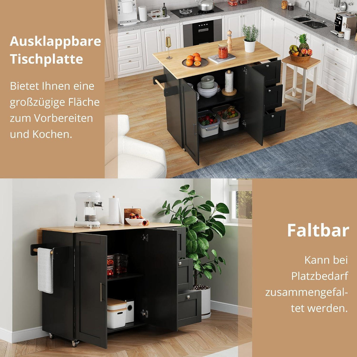 Mobiler Küchentisch mit Eichenholz & Schubladen