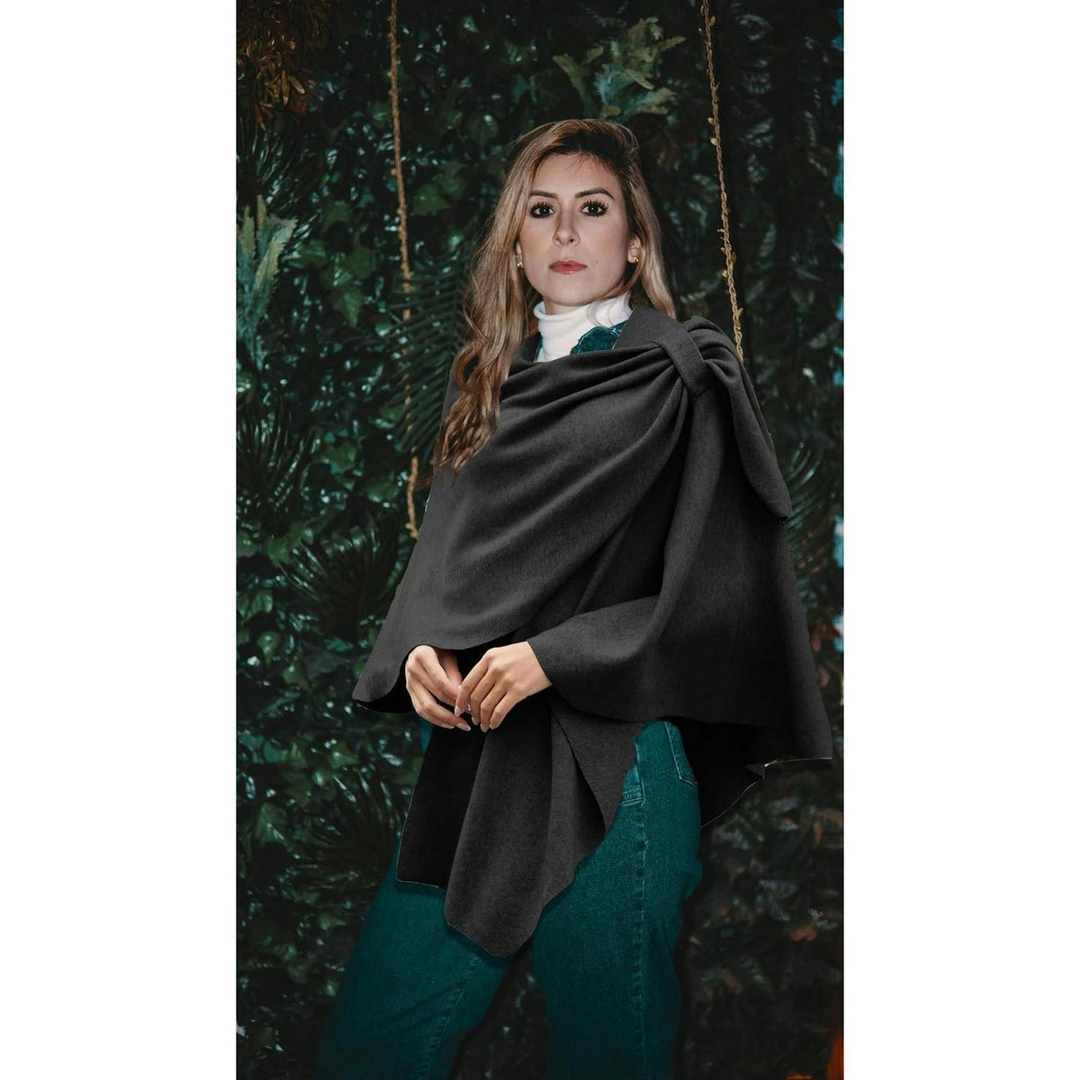 Damen Poncho Schal kuschelweich, Strick Cape Cardigan Schwarz