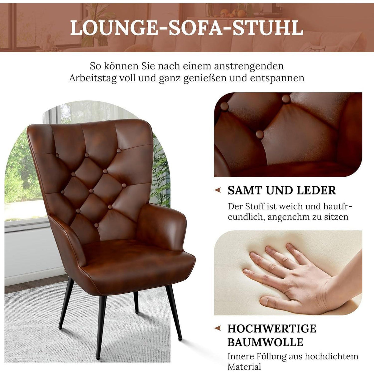 Eleganter Ohrensessel mit Metallbeinen, braun