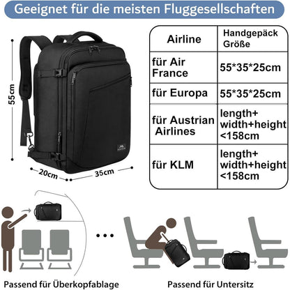 50L Handgepäck Rucksack erweiterbar, schwarz