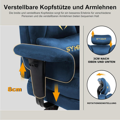 Ergonomischer Symino Gaming Stuhl mit Fußstütze, Höhenverstellbar, Blau